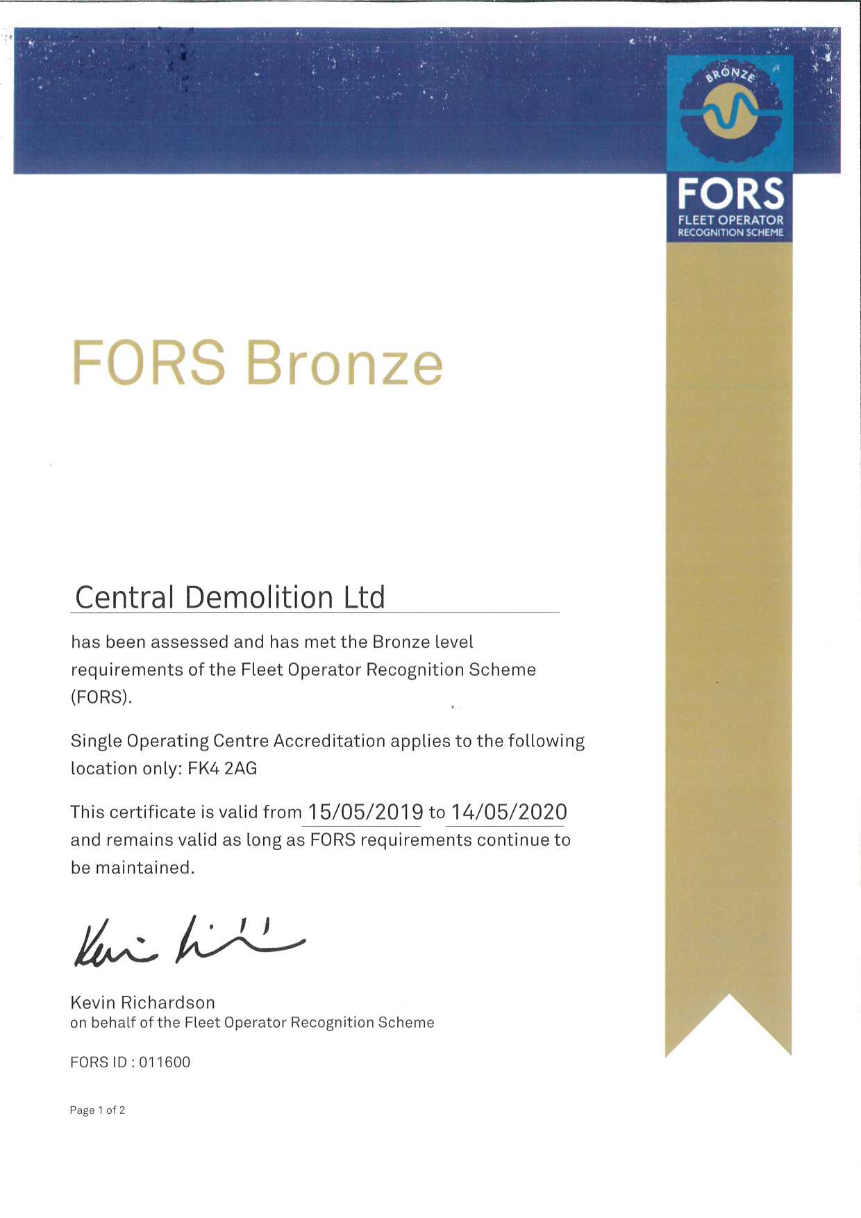 FORS Bronze level accreditation achieved! Central Demolition Ltd